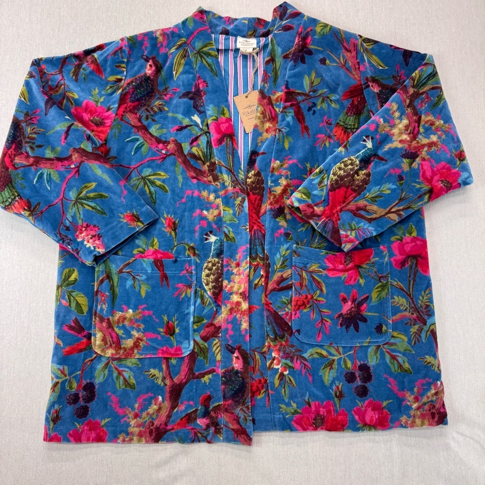 Vikolino Velvet Luxury Jacket Coat Blue Bird Printed Long Jacket Bohemian Coat - Picture 2 of 16